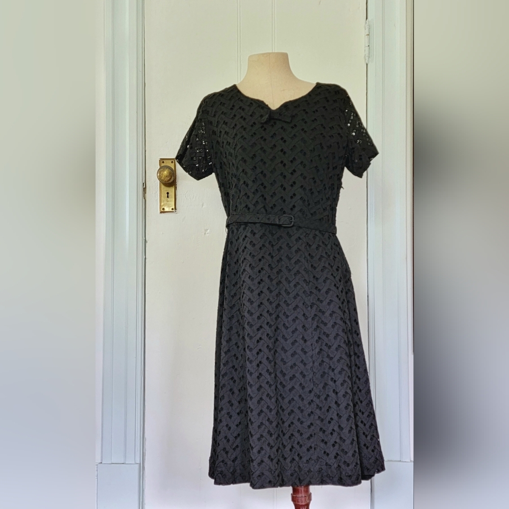 Black vintage cotton eyelet dress.Handmade. Lined. See measurements for size.